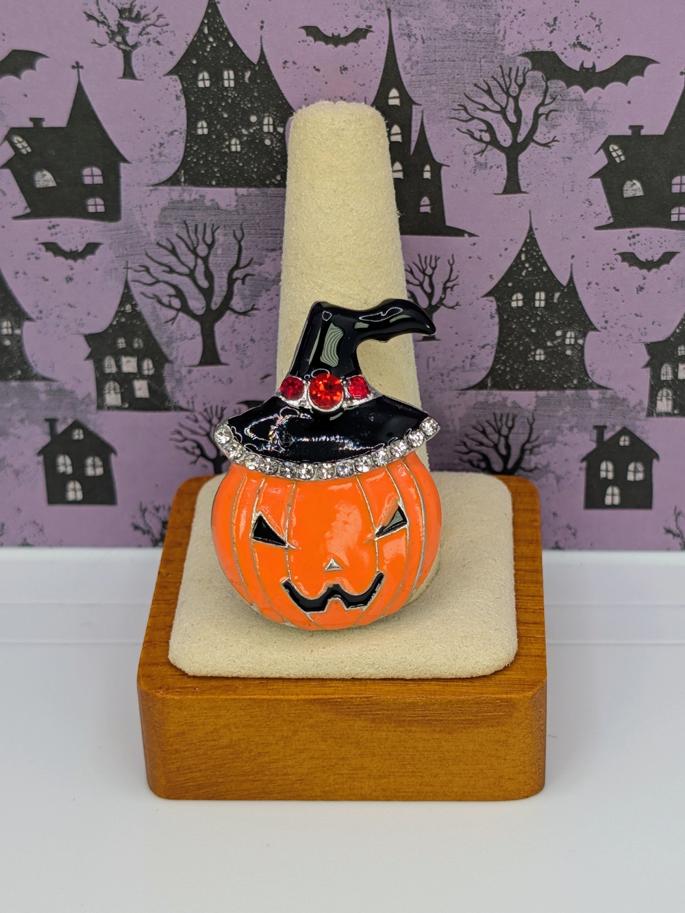 Orange and Black Jack-O'-Lantern Brooch with Red Faux Gems & Rhinestones